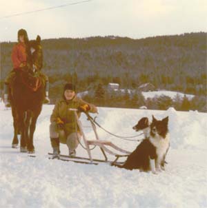 Ute p tur med sparken.  Hild, Stuttvig, Adelheid og hundane Debbie og Sue.